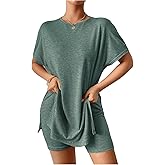 SOLY HUX Women's 2 Piece Summer Casual Outfits Short Sleeve Split Hem T Shirt Tops and Biker Shorts Set