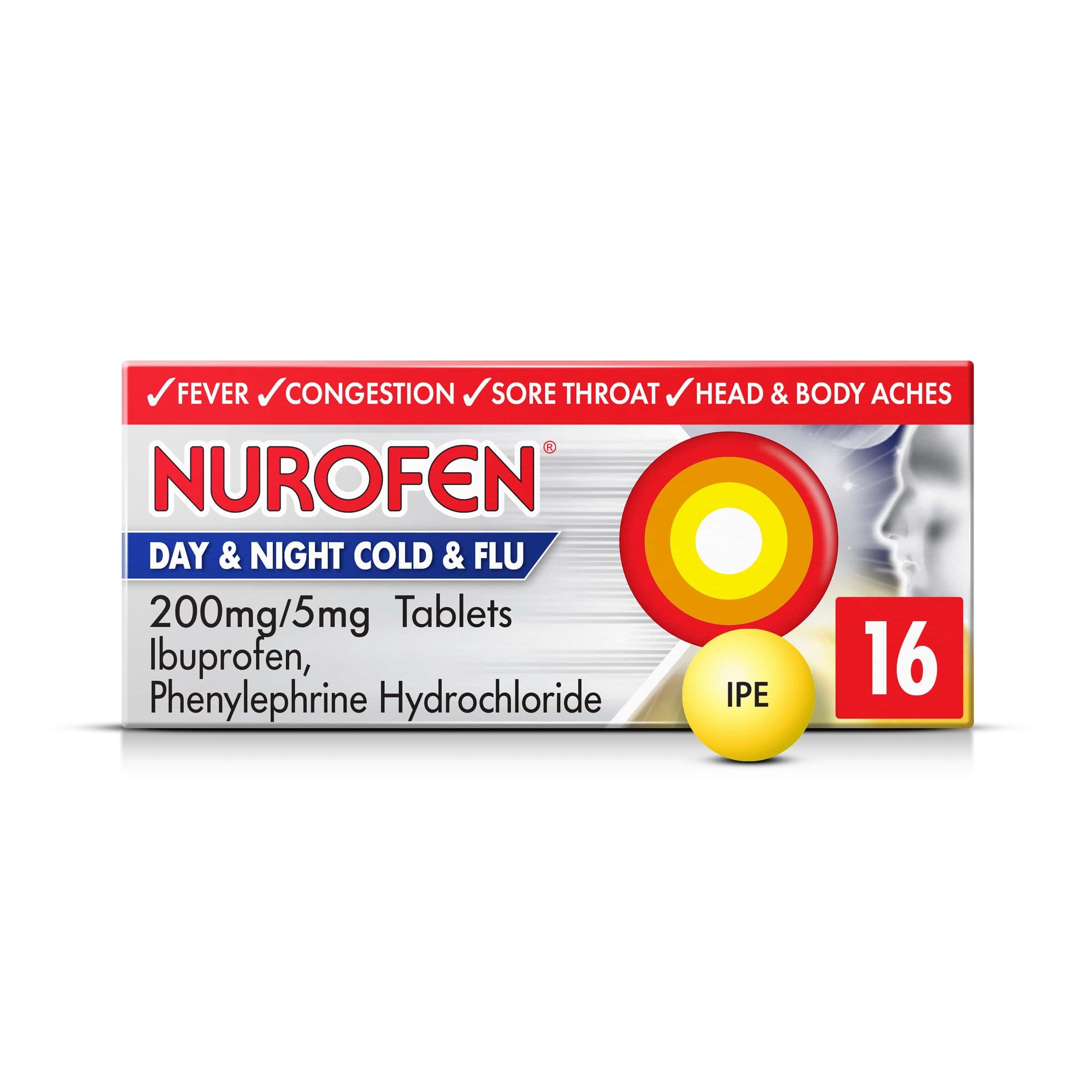 Nurofen Day & Night Cold & Flu Relief 200mg/5mg Tablets Ibuprofen, Pack Of 16