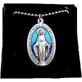 XL Blue Enamel Miraculous Medal, 30" Stainless Steel Ball Chain Miraculous Necklace, Catholic Gift, Our Lady Medal, Italian Medal, Giant Miraculous Medal Measures 1 3/4 inch