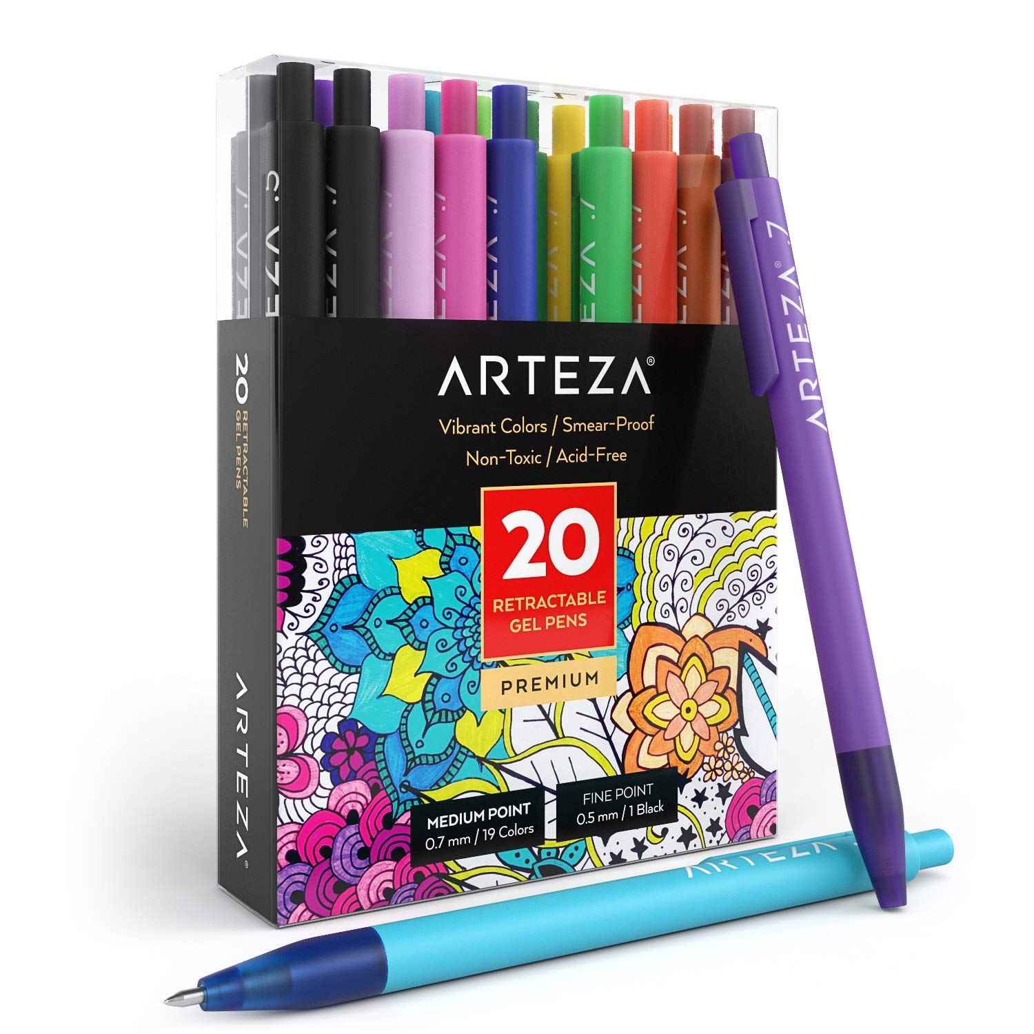ARTEZA Retractable Gel Ink Pens, Set of 20 Assorted Colors, Fine Tip 0.7 mm, Stationary Supplies Writing in a Notebook, Journal, Planner, Legal Pad, on Invitation Cards, and More