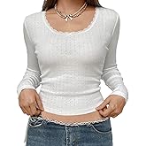 KIGRAD Women Coquette Lace Trim Scoop Neck Pointelle Long Sleeve Crop Tops Y2k Preppy Slim Fit Fall Cropped Tee Shirts