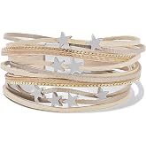 Boho Cute Star Leather Wrap Bracelets Stackable Western Chunky Jewelry | Bohemian Statement Layered Stack Magnetic Clasp Cuff Bangle Fashion Festival Hippie Cowgirl Country Outfits for Women Trendy