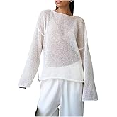 RoseSeek Women's Sheer Mesh Long Sleeve Tops Boat Neck See Through Lightweight Sweater Crochet Knit Tops