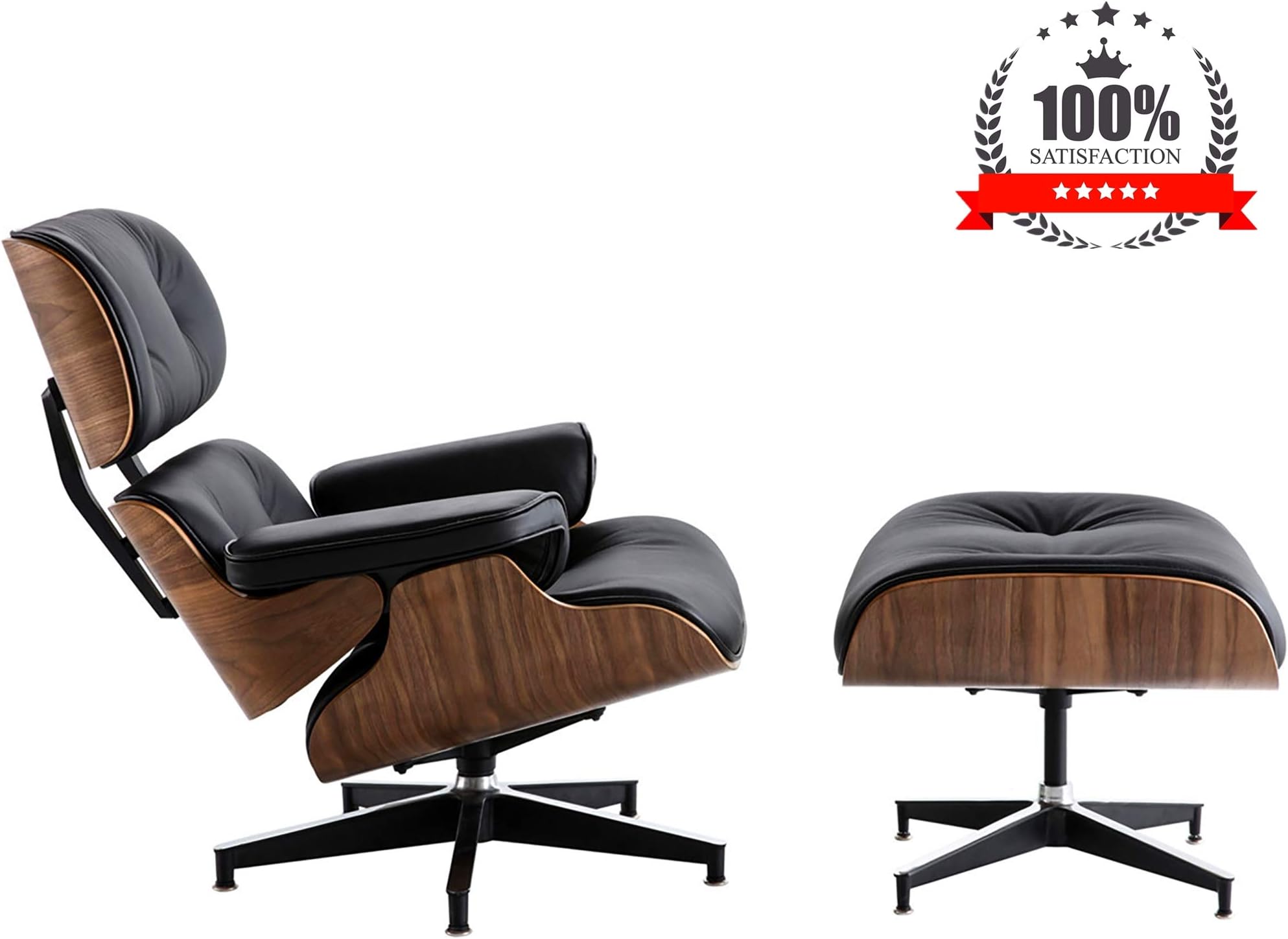 Mid Century Lounge Chair with Ottoman, Norcia Natural Leather Recliner Chair, Thick Cushion Swivel Eames Chair for Living Room (Black Palisander)