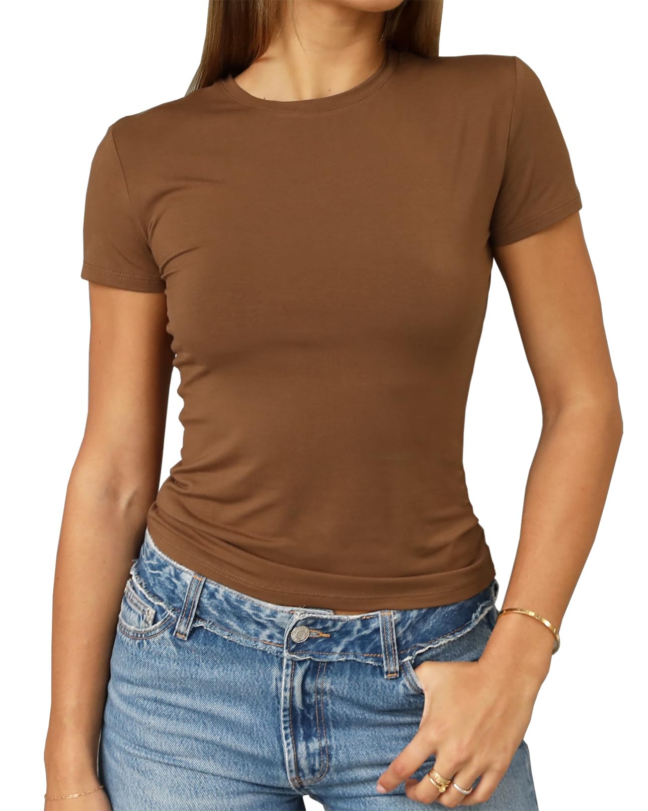 Photo 1 of Abardsion Women's Casual Basic Going Out Crop Tops Slim Fit Short Sleeve Crew Neck Tight T Shirts 2025 (Brown, L)