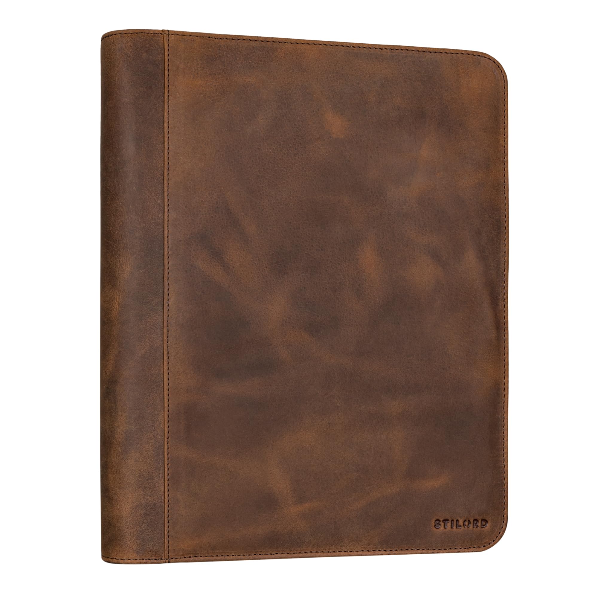 STILORD 'Tate' Vintage Leather Ring Binder A4 Folder Genuine Leather Document Holder Tablet 11 Inch Conference Folder Zip, Colour:Sepia - Brown