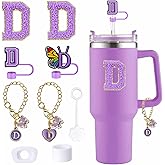 9pcs Cup Accessories Set, Butterfly Straw Cover Cap for Stanley Cup 30oz/40oz,Sticker for Stanley Decorations,Initial Letter Charm Personalized Spill-Proof Silicone Stoppers (Purple D)