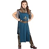Girl's Brave Joan of Arc Costume with Tunic, Pants, Cape, Belt & Boot Toppers - Kid's Medieval Cosplay Outfit