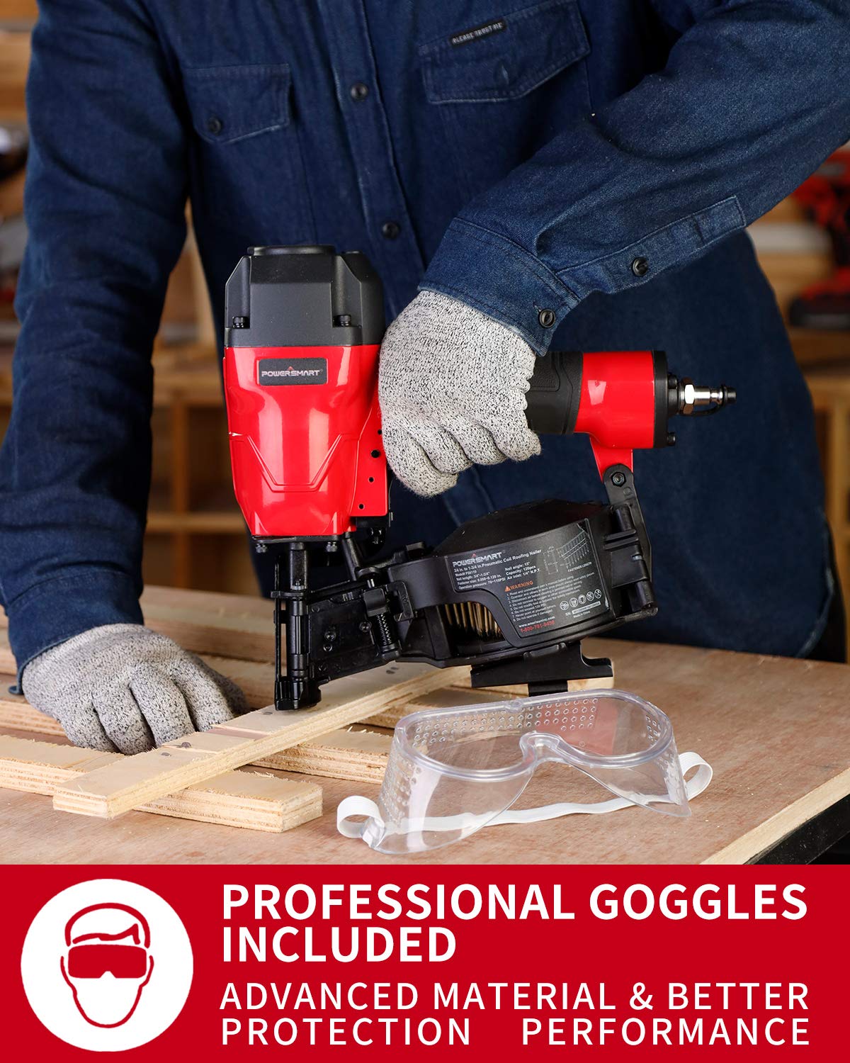 Powersmart Roofing Nailer, pistola de clavos para techos de 15 grados con gafas de seguridad, uñas de la bobina de 3/4 de pulgada a 1-3/4 pulgadas, kit de uñas de la bobina de capacidad de carga de 120 pcs con 240 clavijas Powersmart Roofing Nailer, pistola de clavos para techos de 15 grados con gafas de seguridad, uñas de la bobina de 3/4 de pulgada a 1-3/4 pulgadas, kit de uñas de la bobina de capacidad de carga de 120 pcs con 240 clavijas