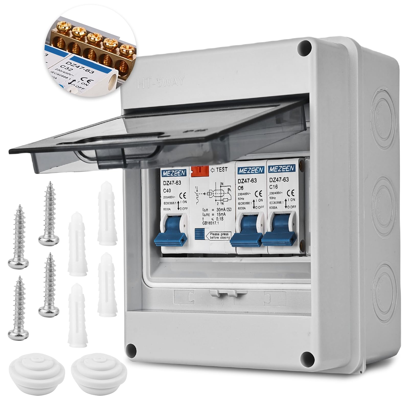 Pritok 2-Way Consumer Unit with Assembly Tool - IP65 Waterproof Plastic Leakage Circuit Breaker, Fuse Box for Garage, Caravan, Workshops (6A+16A)