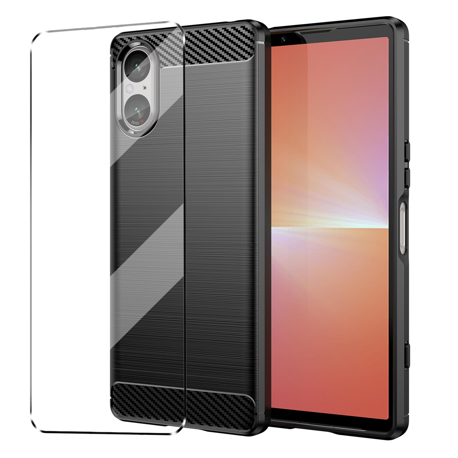 [2 in 1] Case Compatible with Sony Xperia 5 V 5V Cover with 1Pack Tempered Glass Screen Protector for Sony Xperia 5 V 5V, Slim Fit Soft TPU Shockproof Anti-Scratch Phone Case Cover - Black