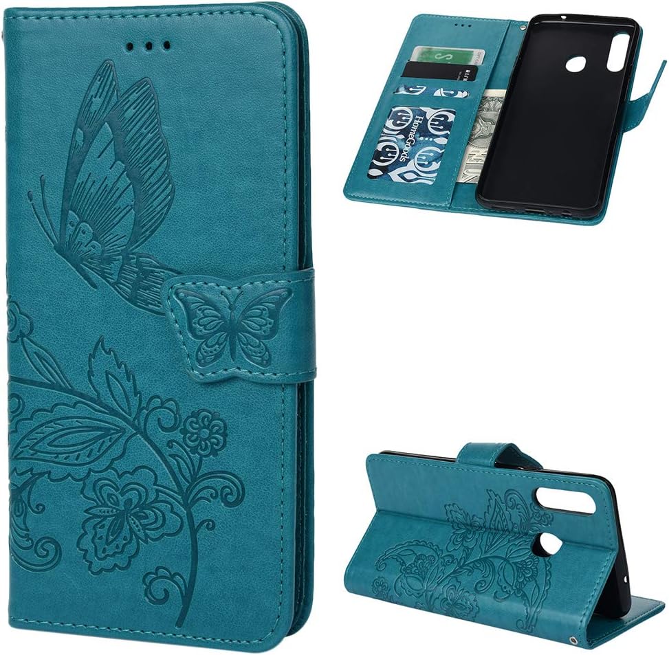 Galaxy A20S Wallet Case, Badalink Butterfly Embossed Leather Folio Cover with Card Slots, Slim Shock Absorption Phone Protective Flip Case Compatible with Samsung Galaxy A20S - Blue