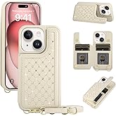 Jcxtrombulous for iPhone 13/iPhone 14 Wallet Case with Card Holder Slots and Strap, RFID Blocking Magnetic Flip Folio Cover, Crossbody Purse Protection Case with Kickstand,Beige Diamond