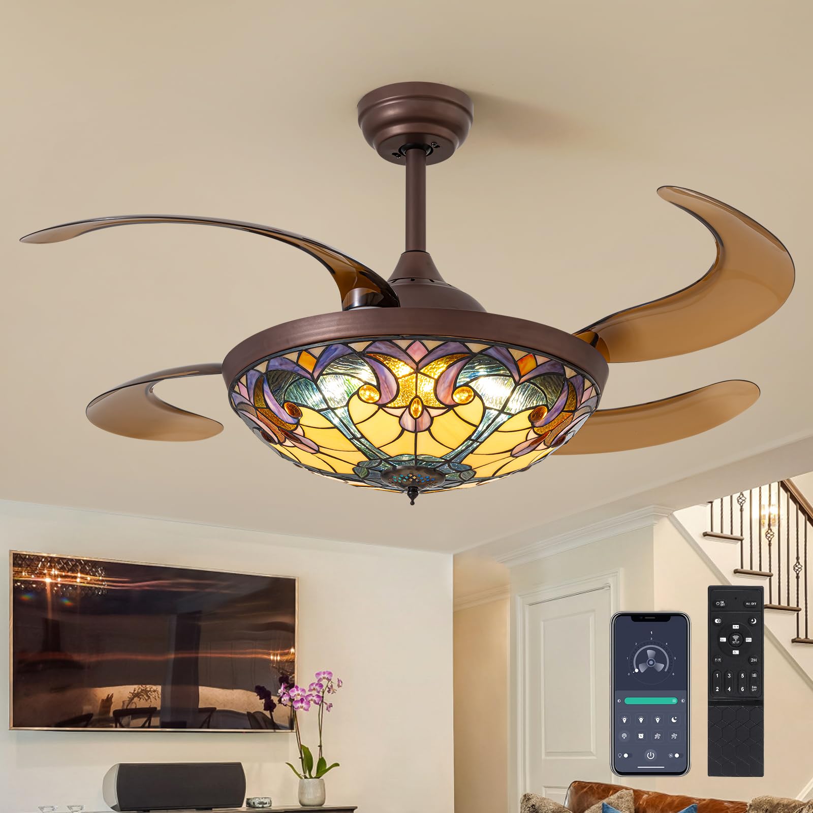 CROSSIO 48 Inch Tiffany Ceiling Fan with Light