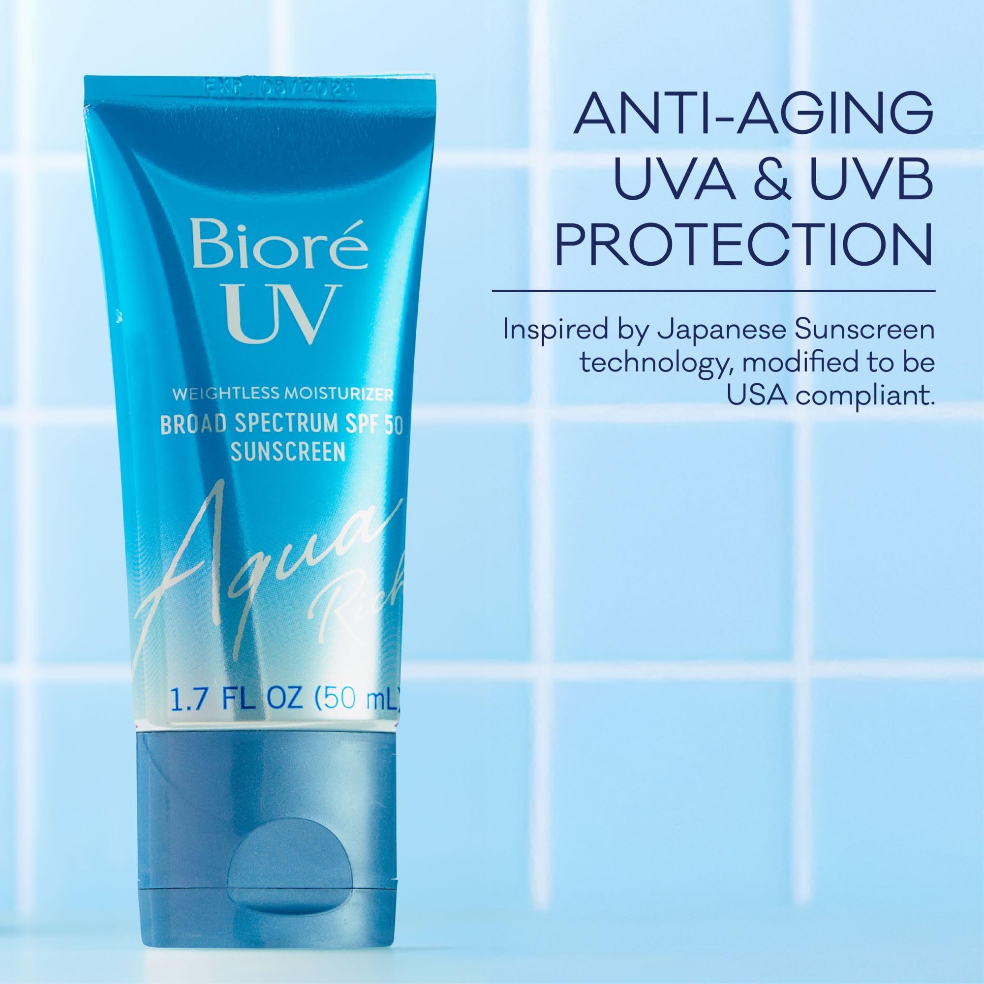 Bioré UV Aqua Rich Daily Hydrating Facial Moisturizer with SPF 50 | Oil Free Sunscreen & Primer for Makeup with Hyaluronic Acid, No White Cast, Non-Comedogenic, For Sensitive Skin, PA++++, 1.7 Oz