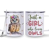 Hyturtle Owl Cup Gifts - Just A Girl Who Loves Owls Coffee Mug, Stainless Steel 12oz - Owl Gifts for Women, Cute Animal Lover Gift for Girls, Daughter on Birthday or Christmas