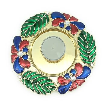 Satyam Kraft Diwali Collection Flower Shape Designer Pooja Thali Traditional Metallic Finished Pooja Thali with Diya - 14 cm Diameter