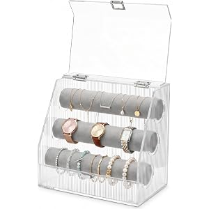 JoUGivx Acrylic Bracelet Holder, 3 Tier Velvet Rod Vanity Jewelry Organizer | Large Wave Texture Trapezoid Box with Clear Dus