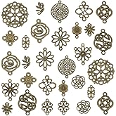 PH PandaHall 150PCS Flower Connector Charms - 15 Styles, Antique Bronze, Alloy, Universal, Unisex, Valentine's Day, Nature Themed, Jewelry Making Charm Pendants