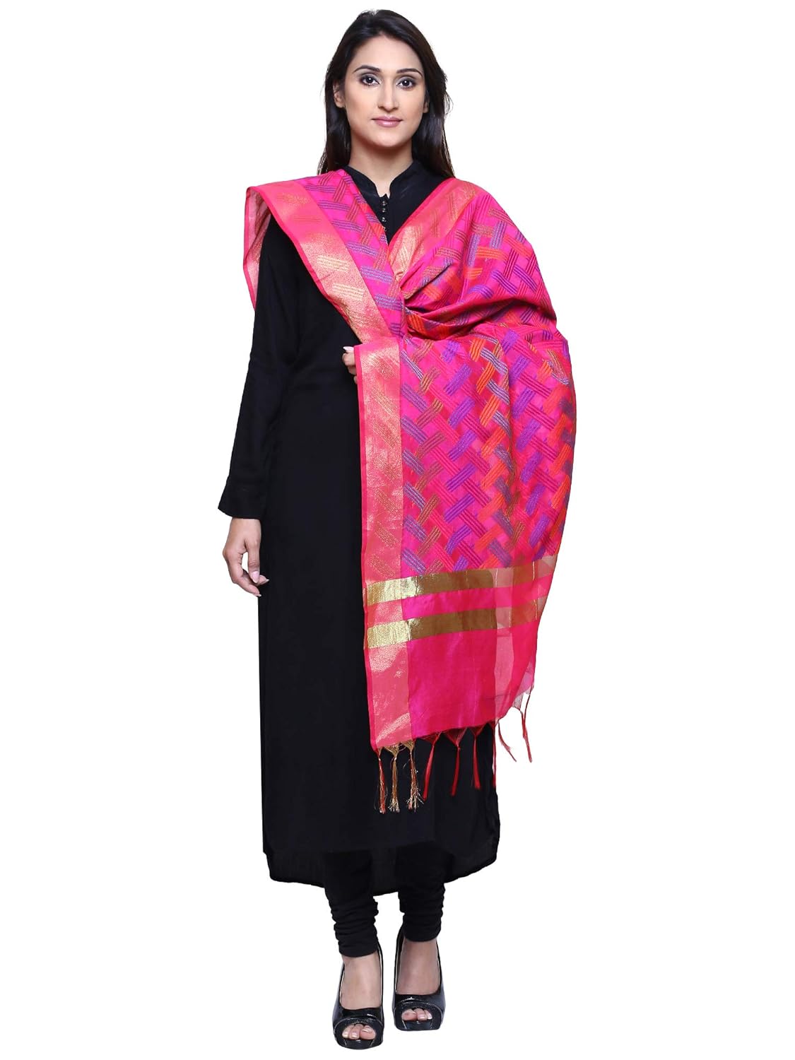 loom legacy women dupatta silk cotton blended jacquard dupatta (rk-3157_magenta_90x250 cms)
