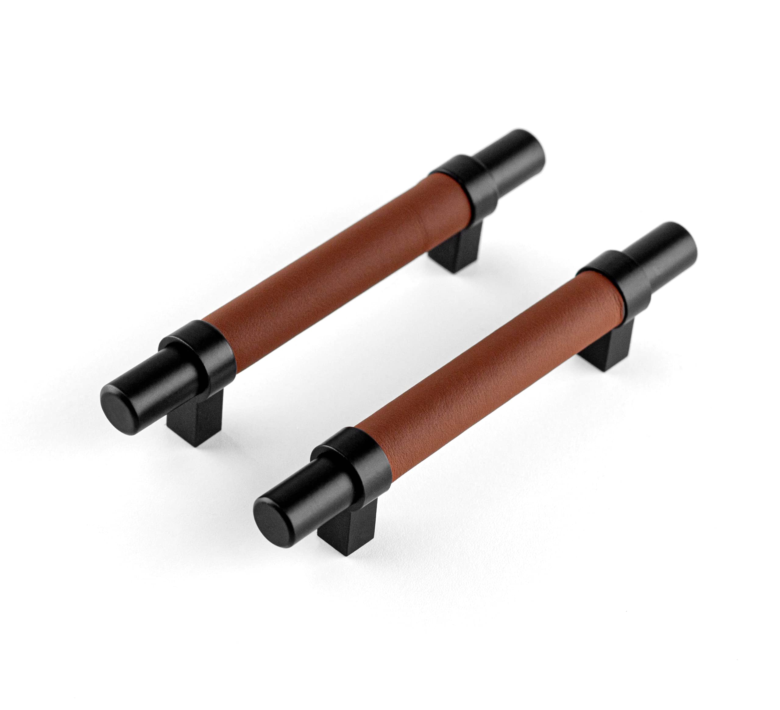 Brute Strength - Furniture Handles - Steel & Full Grain Leather - 96mm Hole Spacing - Black & Brown - Pack of 8 - Cabinet Handle Door Handle for Kitchen, Bathroom, Cabinets, Dresser, Wood