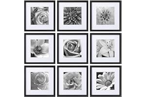 eletecpro 12x12 Picture Frames Set of 9 with Mat for 8x8 Photos or without Mat for 12x12, Square Gallery Wall Decor Collage for Picture Display, Black Frame Set for Wall Hanging