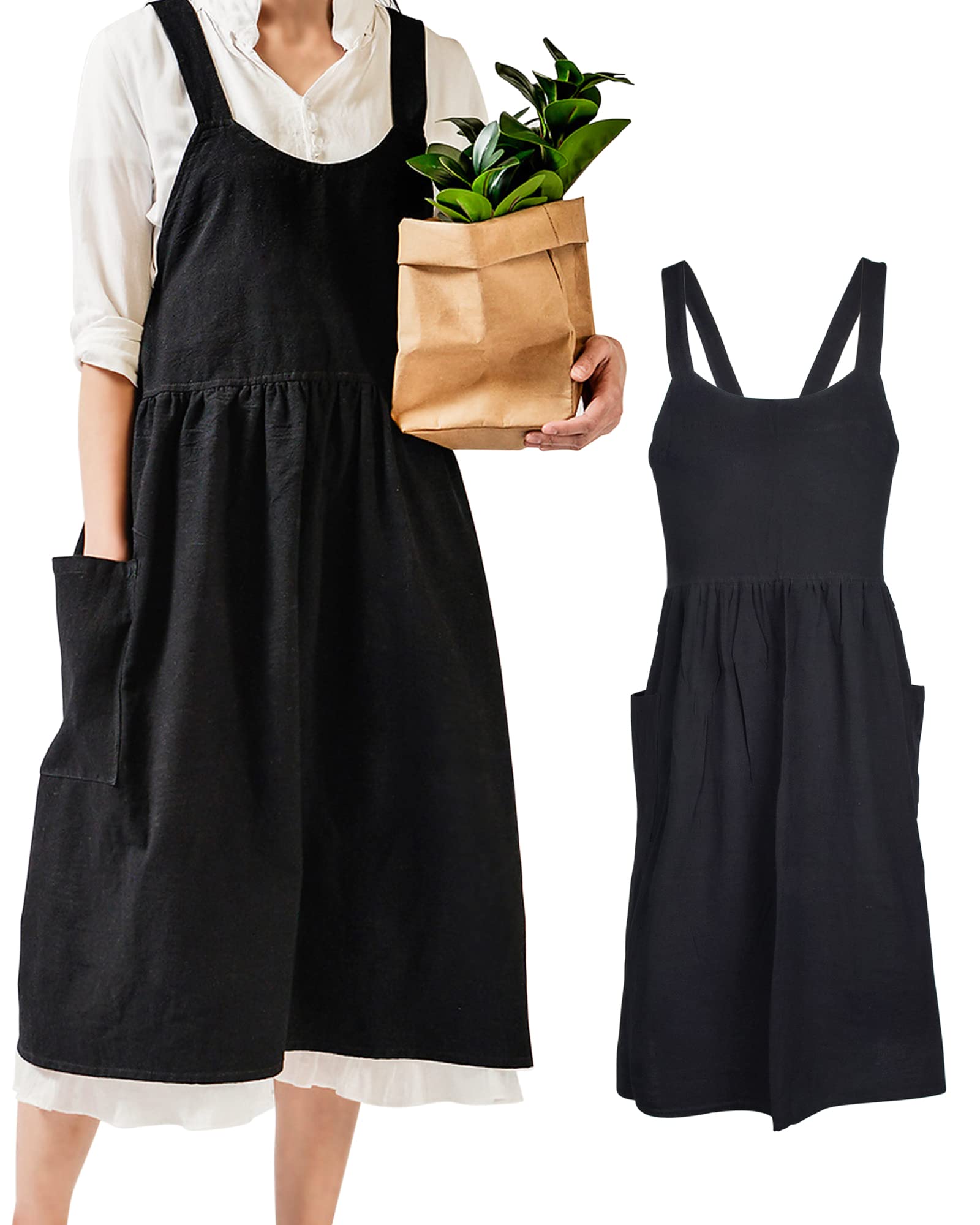 Small snail Women Apron Japanese Style X Shape Cotton Aprons Halter Cross Back Bandage with Big Pockets Solid Color Literature Art Casual Bib for Cooking Chef Cafe Flower Shop Black
