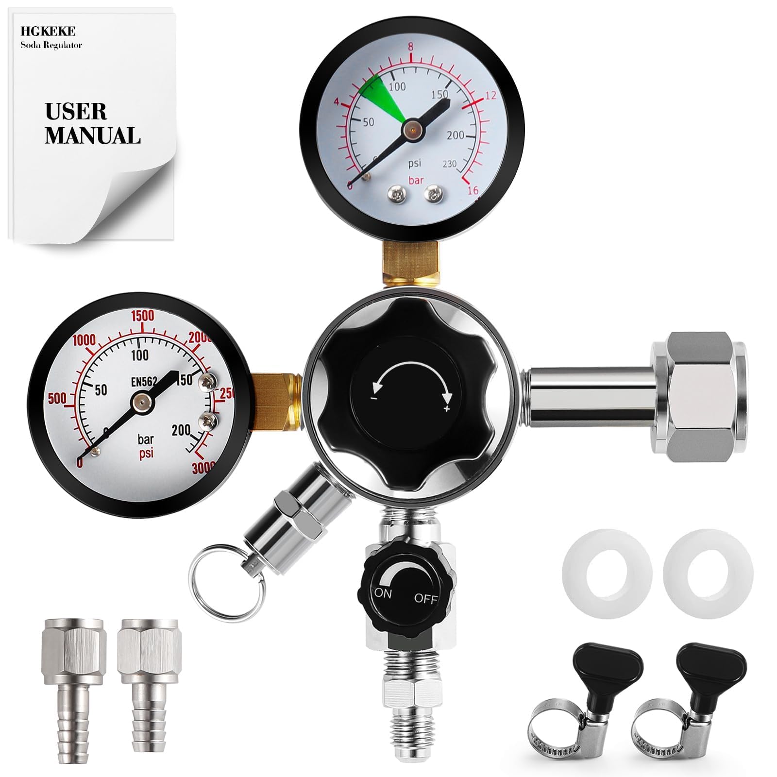 Photo 1 of HGKEKE High Pressure CO2 Regulator Dual Gauge Keg Regulator 0-120PSI Output Pressure Regulator for Kegerator - CGA 320 Beer Regulator, 7/16-20 UNF Thread Fittings, Keg Regulator for Beer, Soda