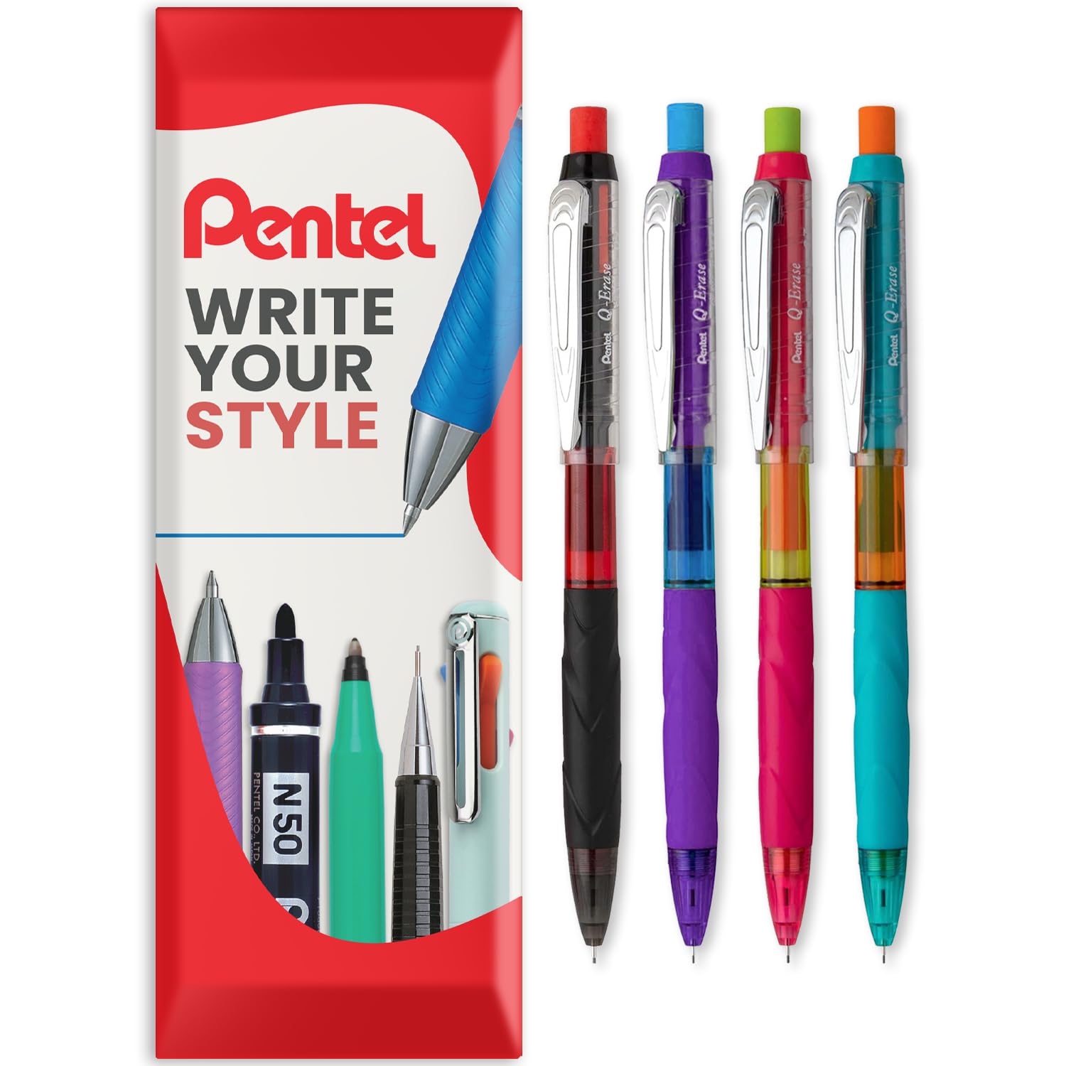 Pentel Q-Erase Mechanical Pencil with Retractable Eraser - 0.5mm HB Grade - Black, Violet, Pink & Blue Barrels - Pack of 4 - In Envelope Gift Packaging