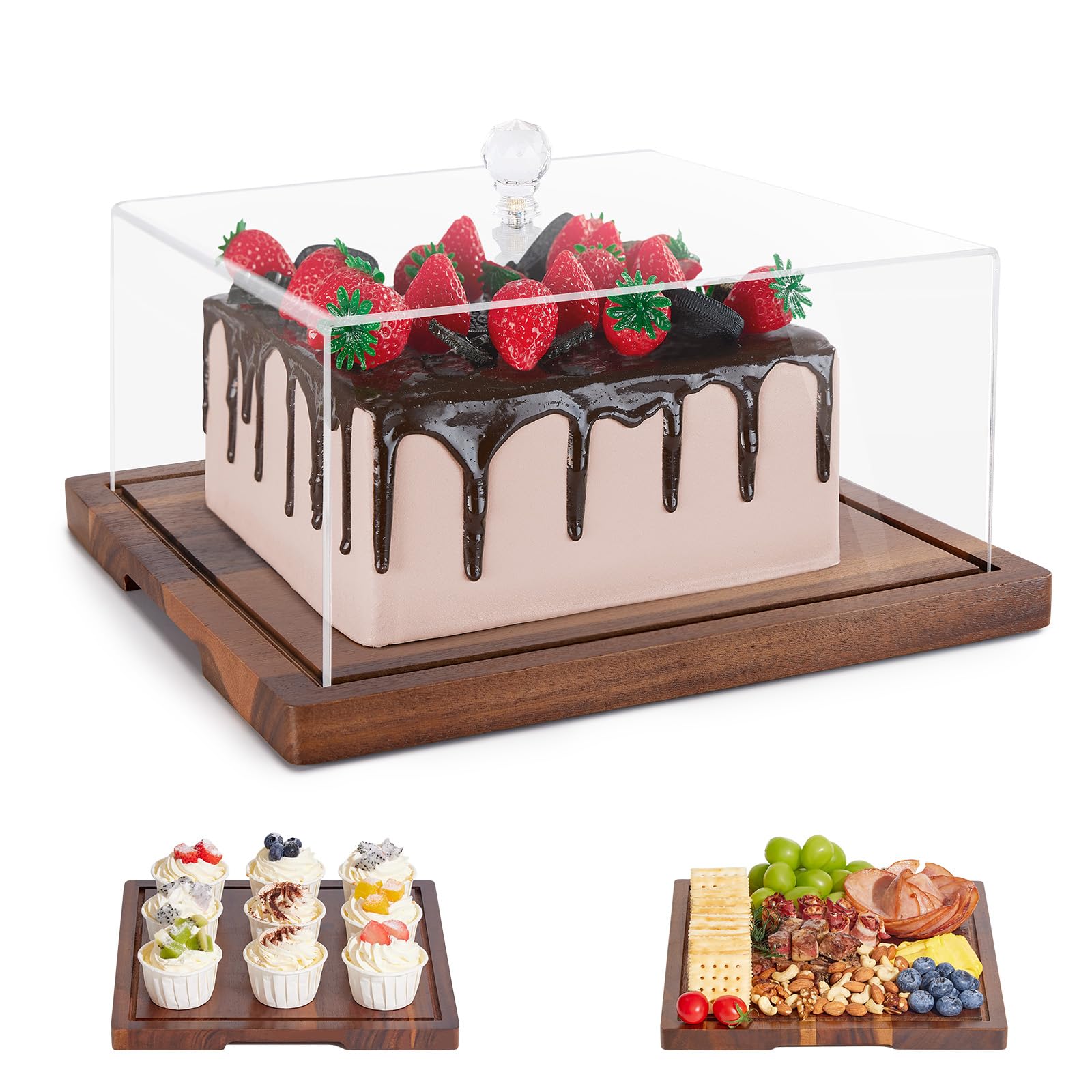 Photo 1 of Acacia Wood Cake Stand with Lid-Cake Holder with Dome, 2-in-1 Dessert Table Display Set & Charcuterie Board with Lid,Square Cake Stand for Party,Fruit Tray,Cheese,Veggie,Large Cake Dome Cover