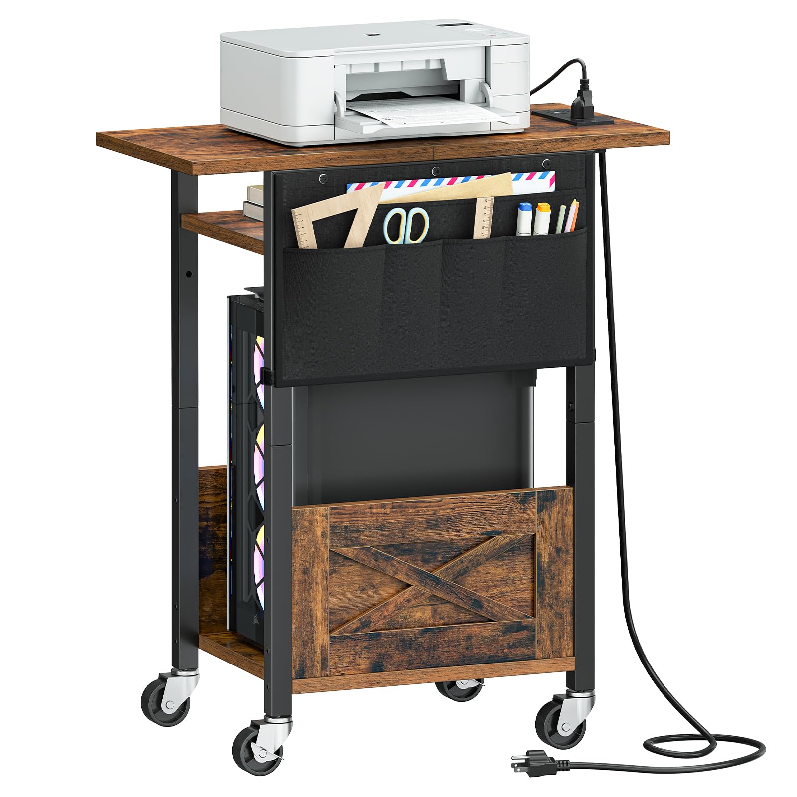 Photo 1 of *USED*
HOOBRO 3-Tier Mobile PC Stand, Adjustable Computer Tower Stand with Power Strip and Lockable Wheels, with Fabric Pocket, PC Holder for Speakers, Printers, Office, Rustic Brown and Black BF37UCJ01