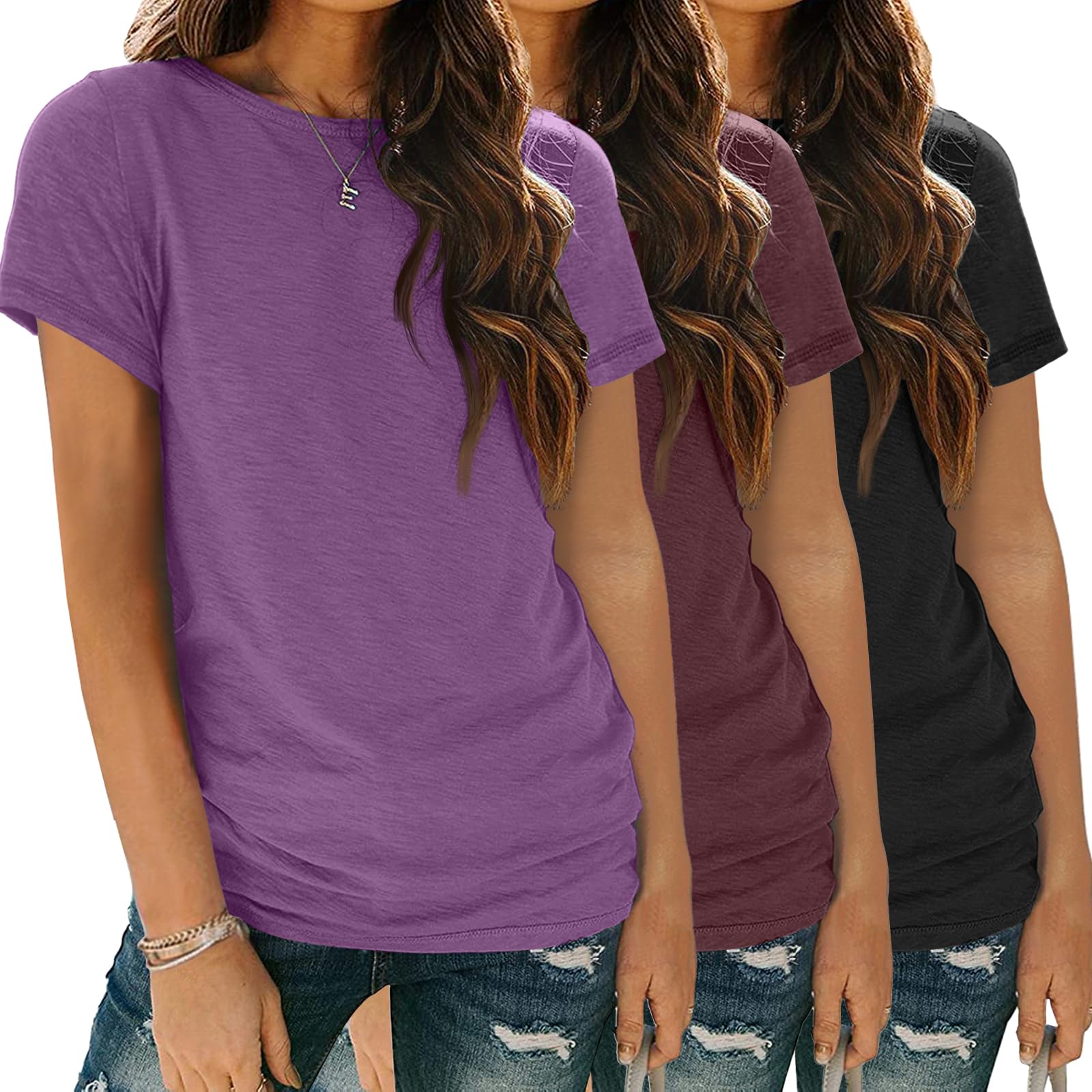 SUNBS Womens 3 Pack T-Shirts Short Sleeve Summer Tops Fashion Basic Tees Comfy Casual Vacation Outfits Workout Clothes 2026 PurpleWineredBlack M Image