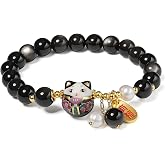 Lucky Cat Bracelet with Blue Crystal, Ceramic Cat Pendant, Feng Shui Good Luck Jewelry for Women, Wealth &amp; Protection Bracelet