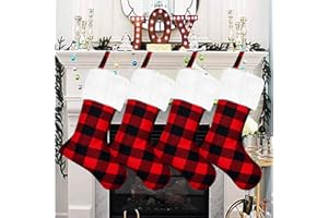 Senneny Christmas Stockings- 4 Pack 18" Buffalo Plaid Christmas Stockings with White Plush Faux Fur Cuff, Large Christmas Stockings Decorations for Family Christmas Holiday Party (Red and Black)