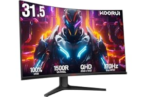 KOORUI 32 inch Curved Gaming Monitor - QHD (2560 x 1440) 2K Display, 170Hz 144Hz Monitor, 1500R Curvature, 1ms, HDR10, Adaptive Sync, Tilt Adjustable, DisplayPort HDMI, Black - GA01