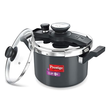 Prestige Clip On Aluminium Pressure Cooker with Glass Lid (5 Litres, 2-Pieces, Charcoal Black)