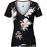Beauhuty Women's Deep V Neck Short Sleeve Front Wrap Ruched Sexy Slim Fit Tops