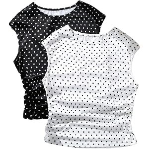 OYOANGLE Girl's 2 Pack Polka Dots Tank Top Crew Neck Side Ruched Sleeveless Fitted Cute Tops