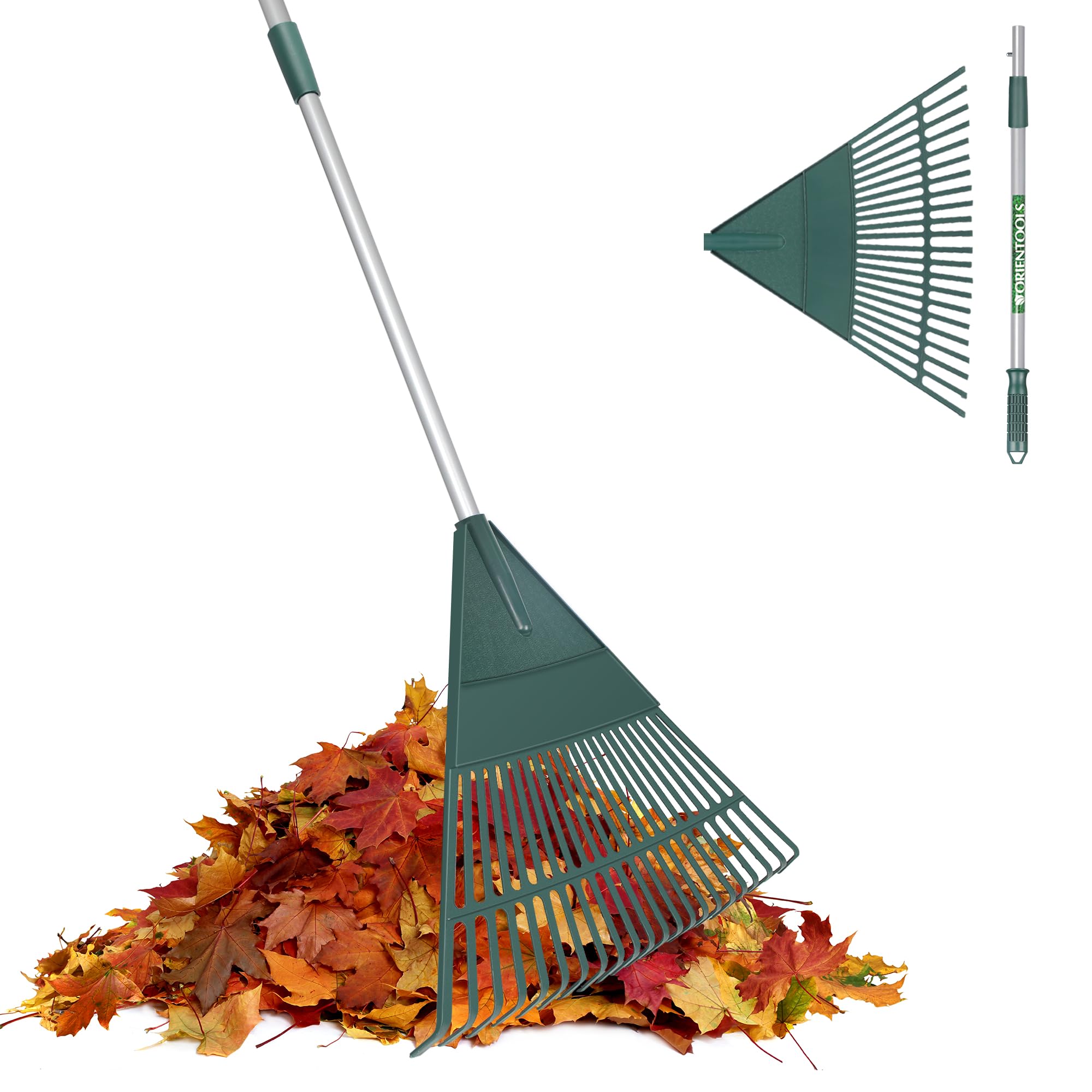 ORIENTOOLS Garden Leaf Rake, Adjustable Lightweight Steel Handle Poly Shrub Rake, Plastic Head, 22 Tines, 107cm to 153cm
