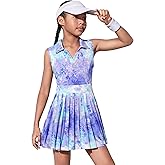 JiAmy Girls Tennis Dress Sleeveless Polo V Neck Athletic Dress Cutout Back Printed Pleated Girls Golf Dresses 3-12 Y