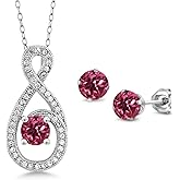 Gem Stone King 2.16 Cttw Round Pink Tourmaline 925 Sterling Silver Pendant Earrings Set For Women | Gemstone Birthstone | Round 5MM | With 18 Inch Silver Chain