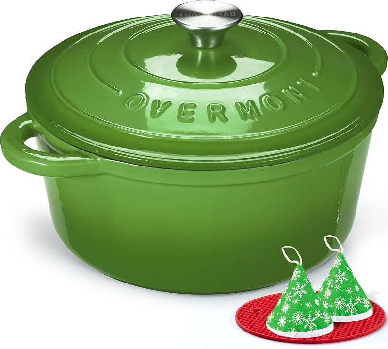 Overmont Enamelled Cast Iron Round Casserole Pot 28cm 6.6L Forest Green
