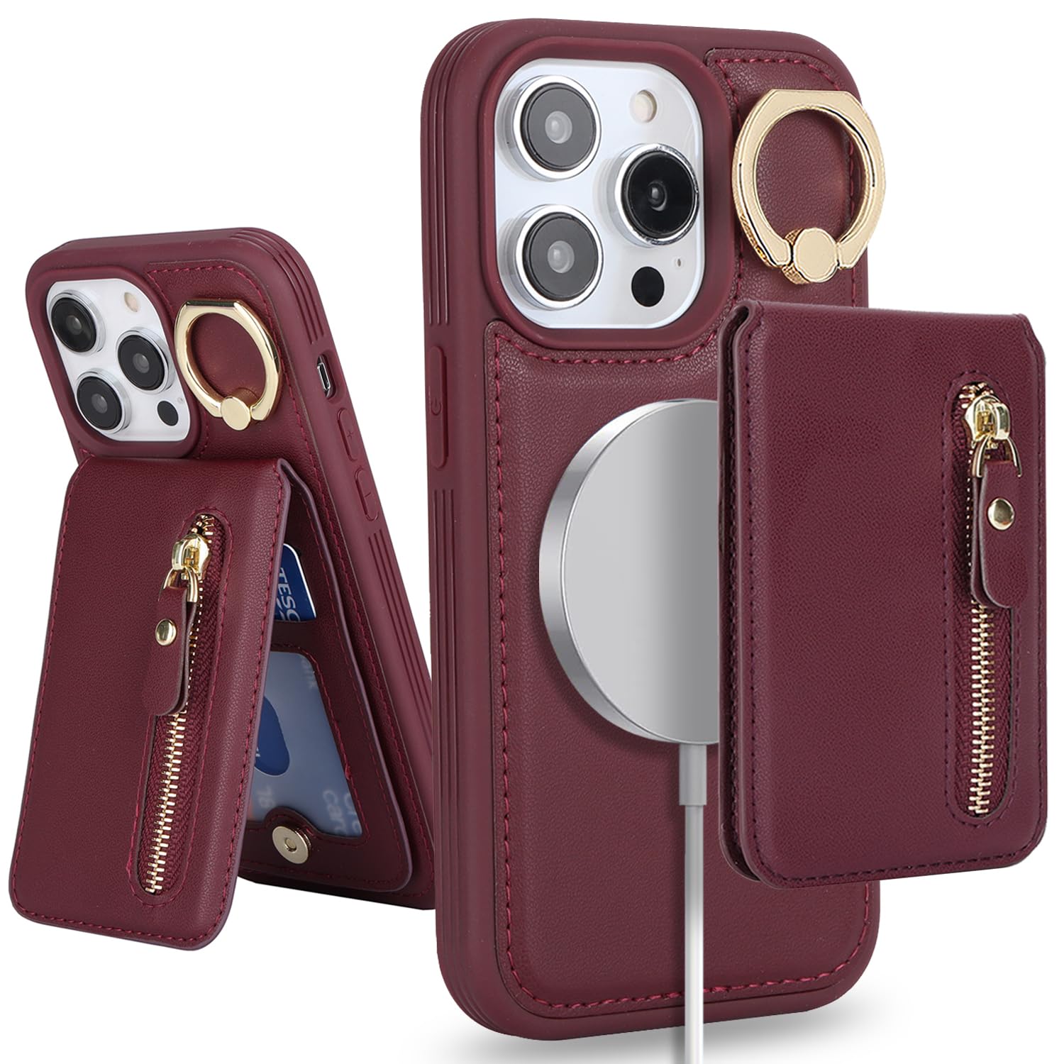 SailorTech iPhone 14 Pro Max Phone Leather Case with Credit Card Holder Magsafe, iPhone 14 Pro Max Case Ring Stand with Kickstand Card Slots Wallet Detachable 2-in-1 Zipper Case - Burgundy — image 1