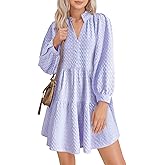 Lazysmile Dresses for Women Long Sleeve V Neck Button Down Ruffled Flowy Fall Casual Babydoll Tunic Dress