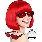 ESUNO Hair Cap+Bright Red Bob Wig with Sunglasses Short Bob Wigs with Bangs Adult Neon Party Wig Short Straight Costume Fashion Synthetic Hair for Party Halloween Christmas Music Fest Cosplay