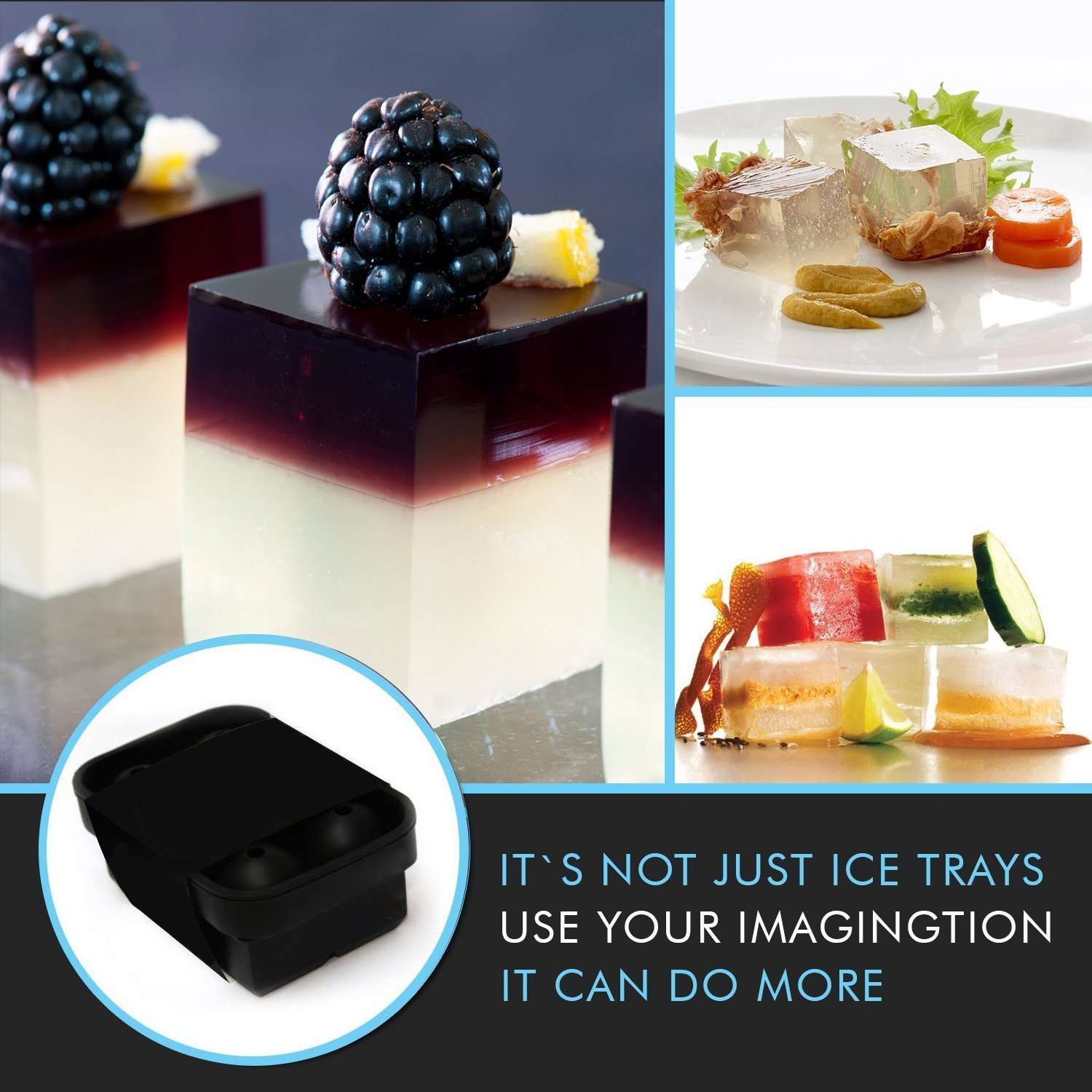 Large Ice Cube Trays Silicone Combo Mold,J-Sheng Reusable Silicone Molds (set of 2) Sphere Round Ice Ball Maker and Large Square Ice Cube Mold For Cocktails, Whiskey Glasses, Scotch Bourbon-black