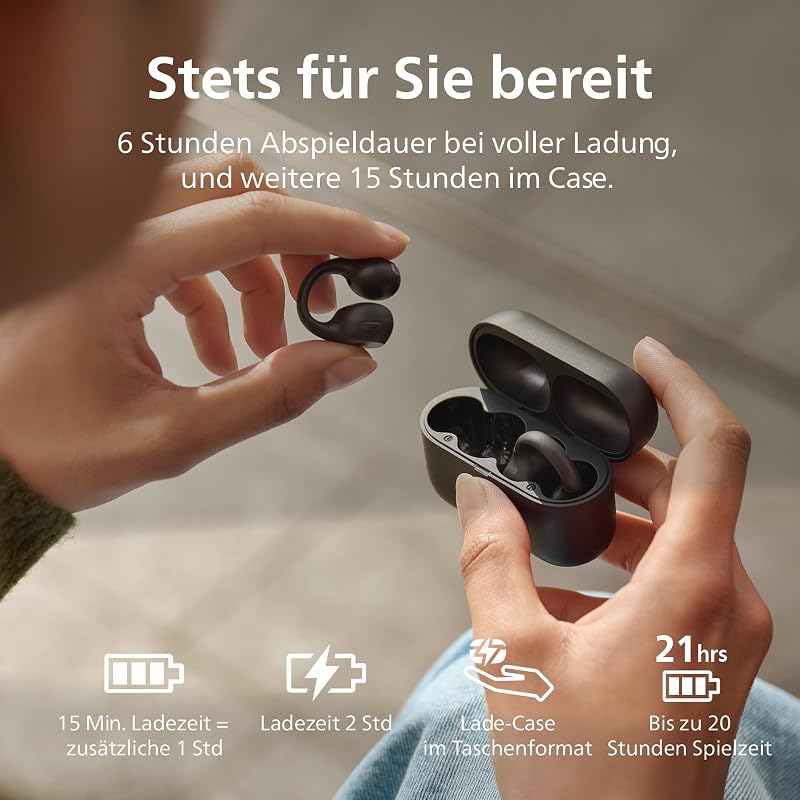 TAQ2000BK ohraufliegende True Wireless Multipoint-Bluetooth-Ohrhörer mit Ohrmanschette - 28 Stunden Spielzeit, Kompaktes Lade-Case, Klare Anrufe, für Arbeitsweg und Sport - Schwarz
