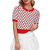 ALPSWARE Women Puff Short Sleeve Sweater Casual Cropped Knit Shirts Cute Heart Holiday Valentines Knit Pullover Crop Top