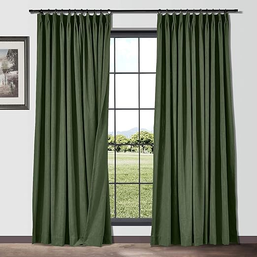 TWOPAGES Natural Linen Curtains Hunter Green Pinch Pleated
