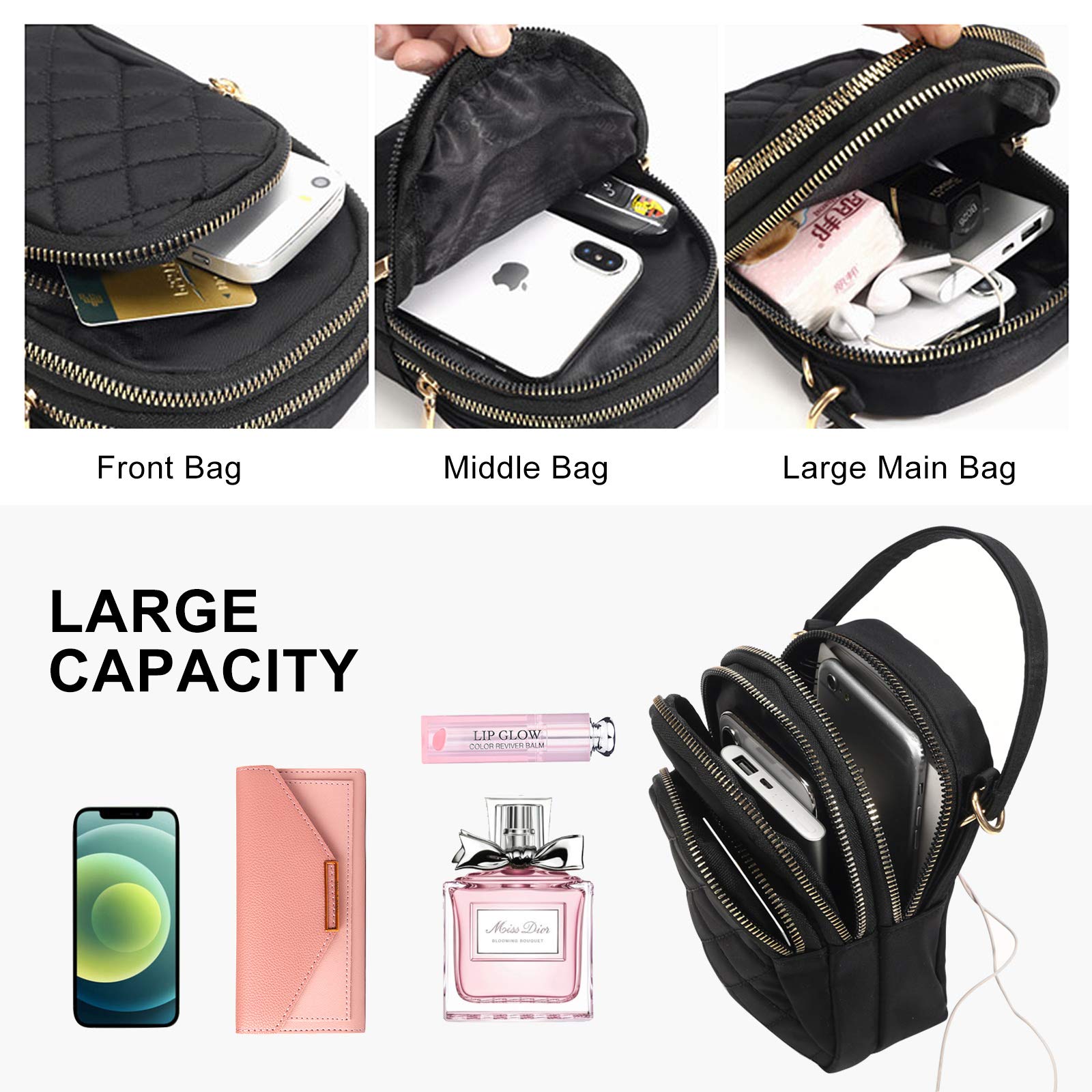 Voikukka Small Crossbody Phone Bag for Women Quilted Purse Nylon Cell Phone Cross Body Wallet iphone Handbag